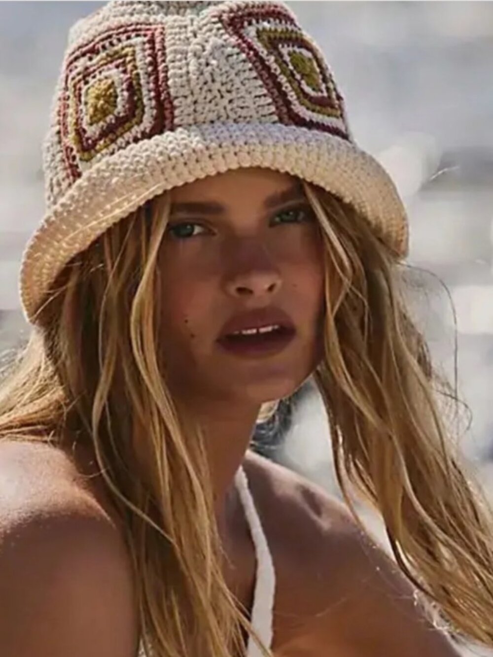 Free People Sofie Crochet Bucket Hat Cream Relax Beach Winter Lightweight - NEW